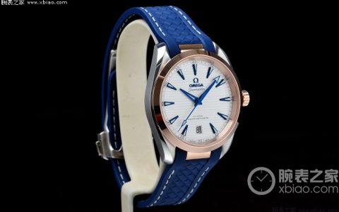欧米茄海马系列150米38MM腕表玫瑰金蓝色橡胶表