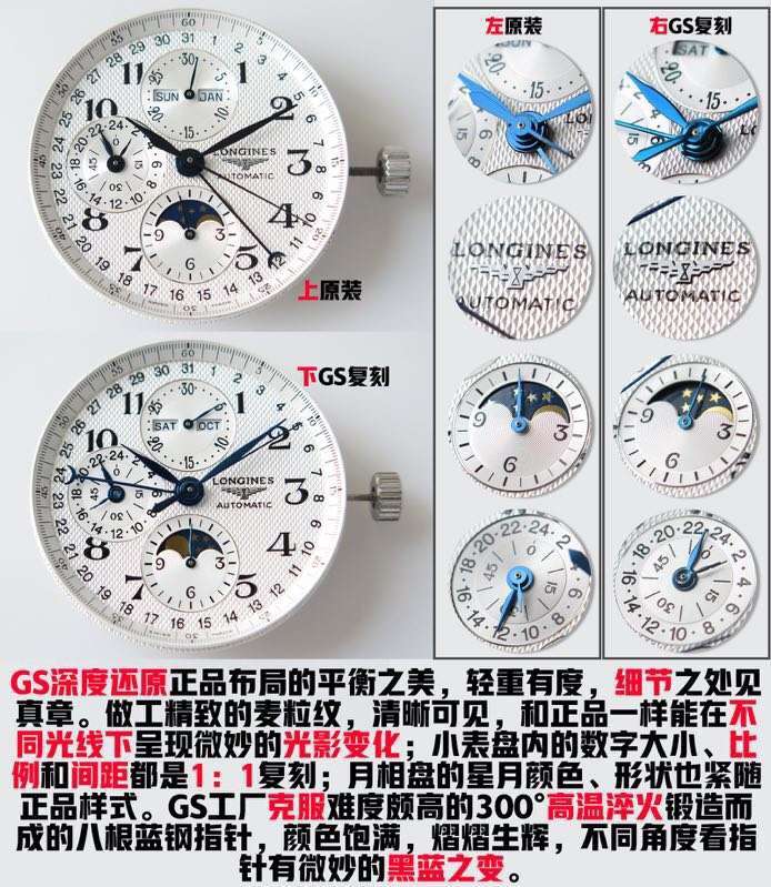 GS厂浪琴八针月相计时复刻腕表做工如何-复刻对比正品腕表如何