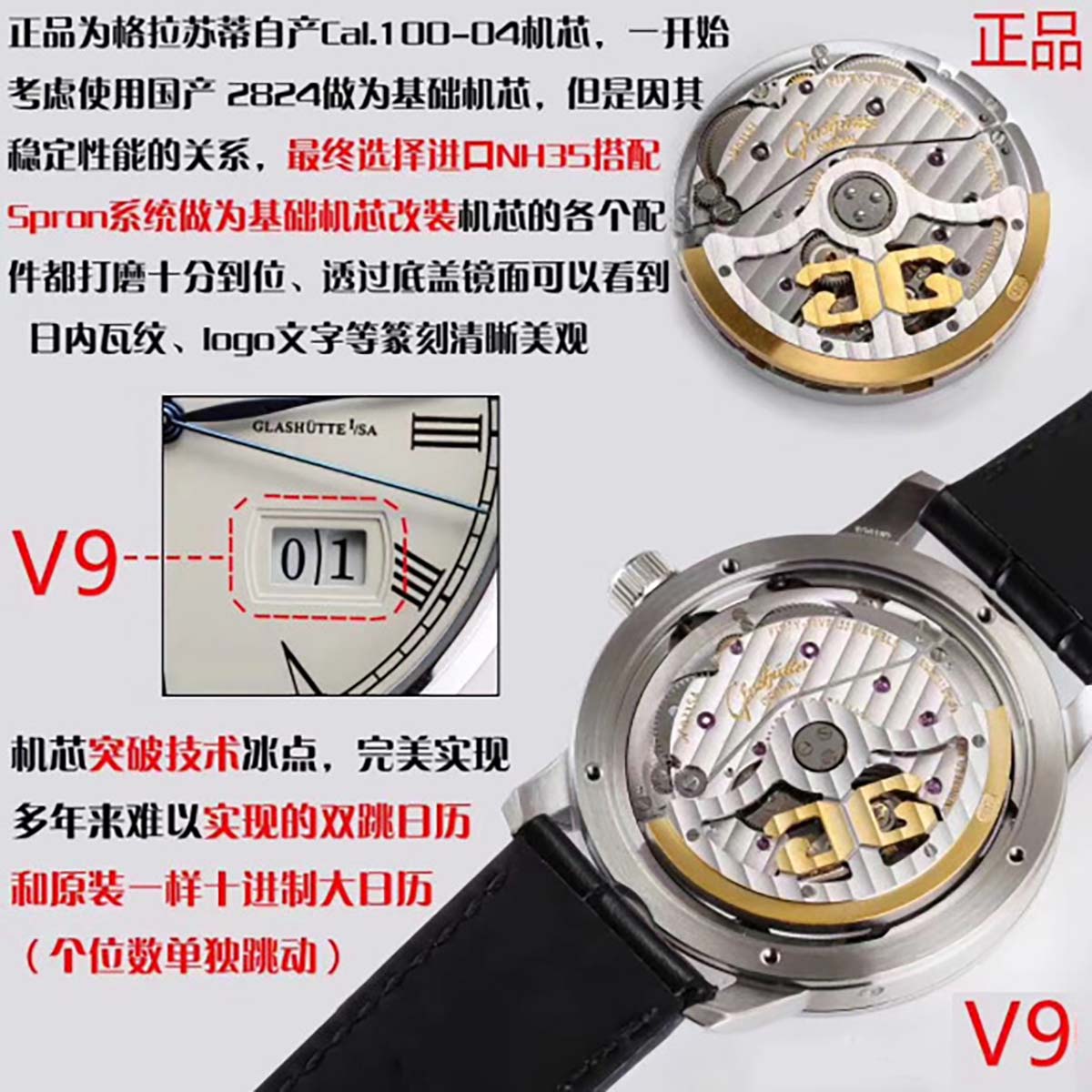 V9厂格拉苏蒂原创议员大日历月相复刻腕表对比正品图文评测插图7